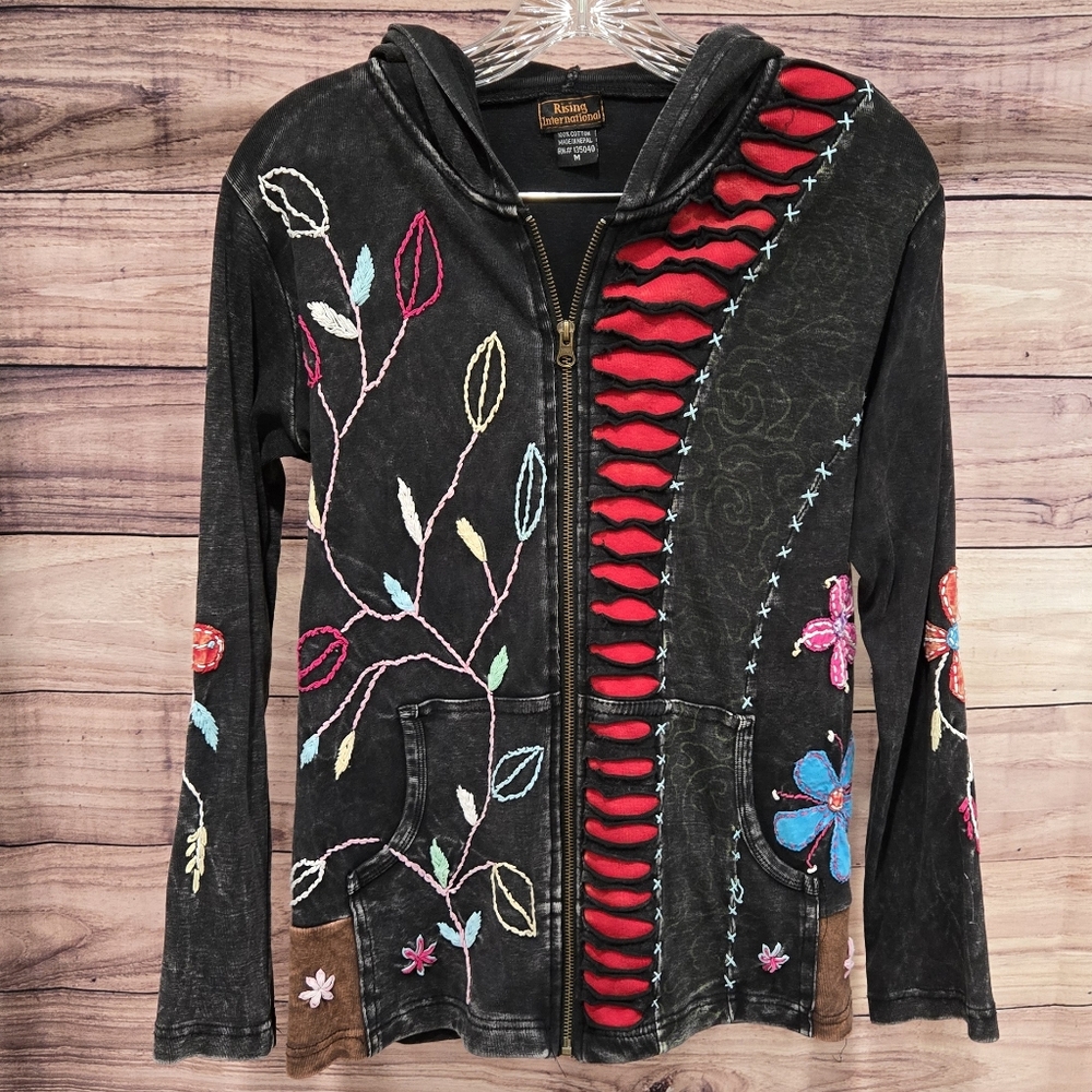 Rising International Black Hoodie with Multicolor Embroidery